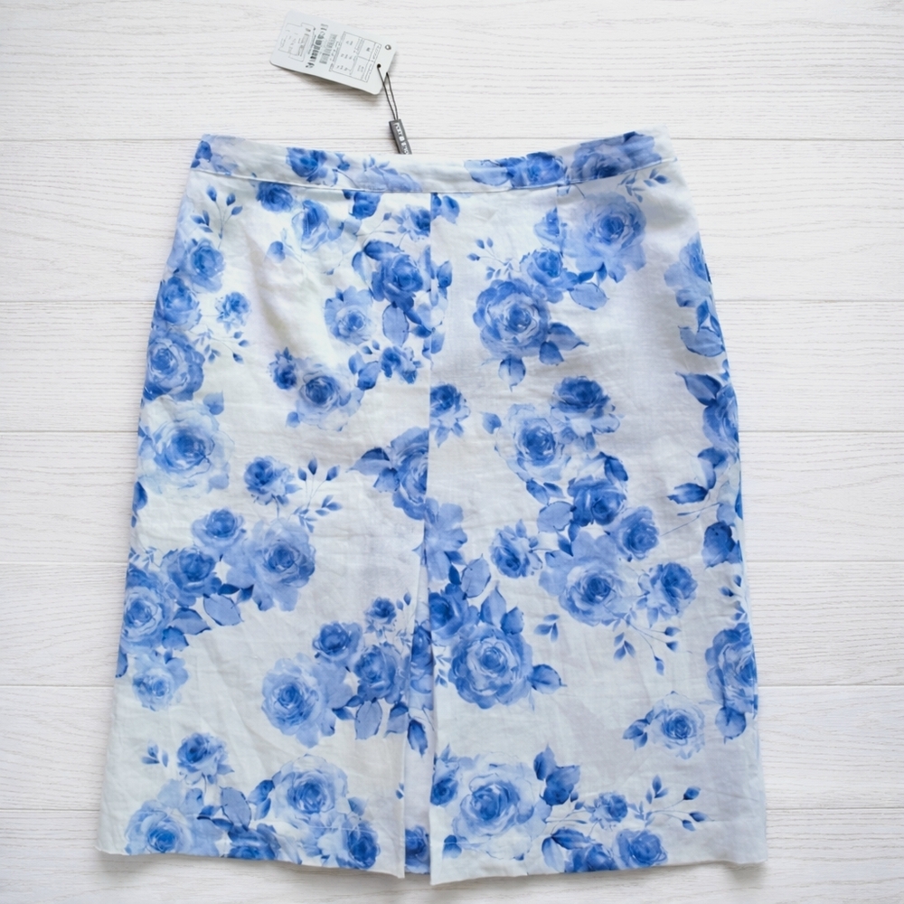 Blue White LINEN Floral Skirt Roses Floral Lined 10 European PUNT ROMA